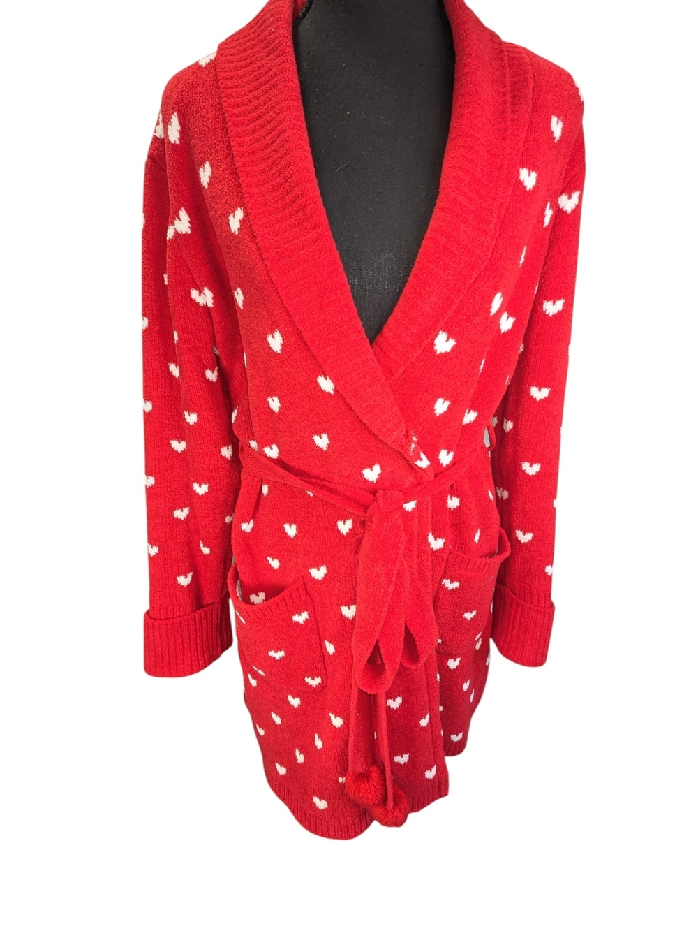 Betsey Johnson Red Shawl-Collar Heart Print Cardigan & Tie House Coat Bunnies S